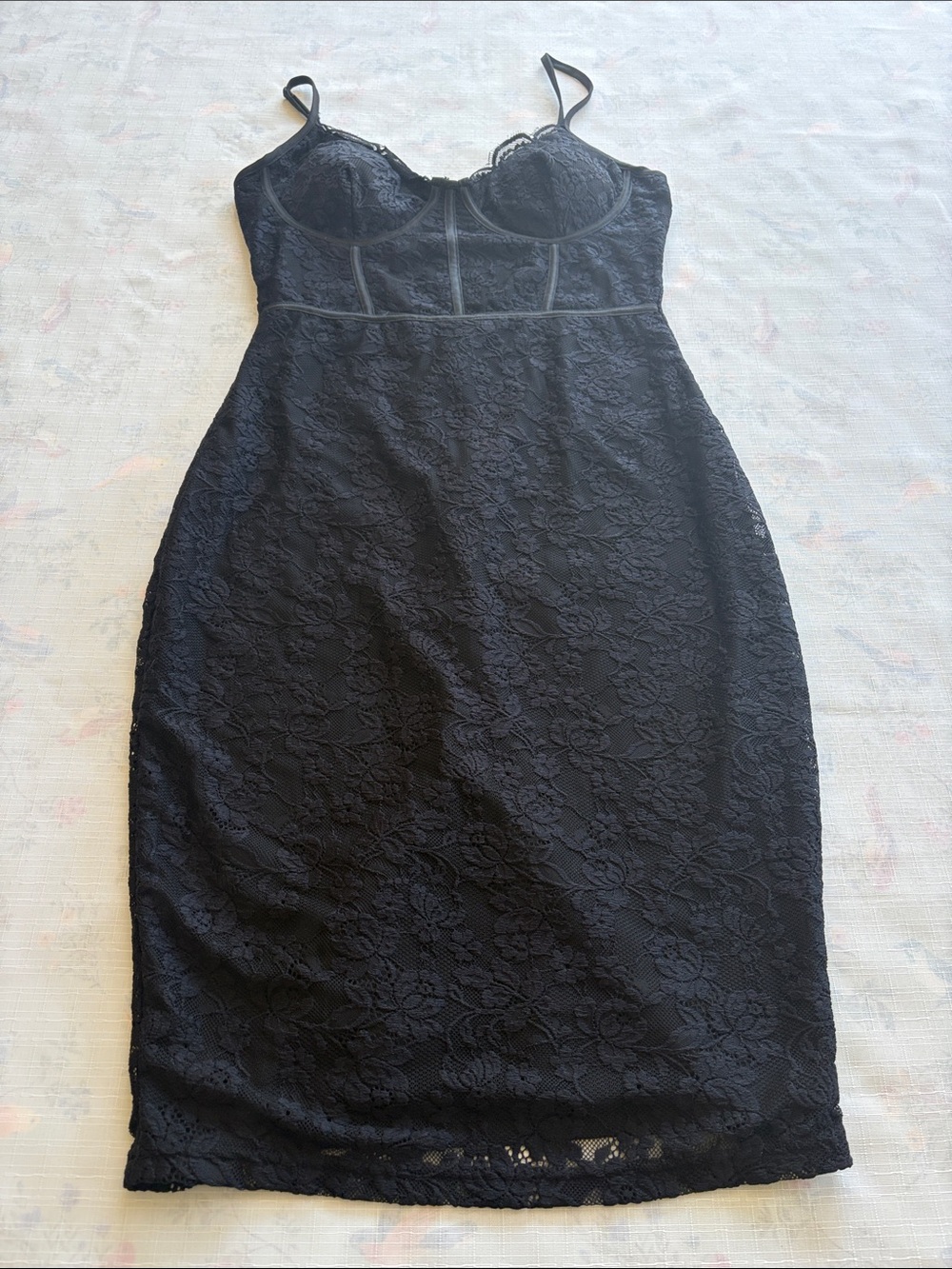 Streetwear Society Black Lace Midi Dress with Spaghetti Straps
